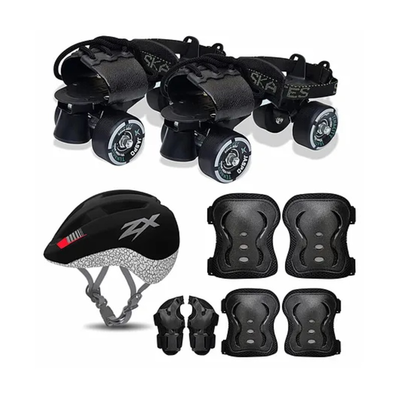 jaspo Unisex Tenacity Pro Adjustable Senior Outdoor Wheel Roller Skates Combo Suitable for Age Group 6 to 14 Years (Skates+ Helmet + Knee Guard+ Elbow Guard +Wrist Guard+Key) (Black)