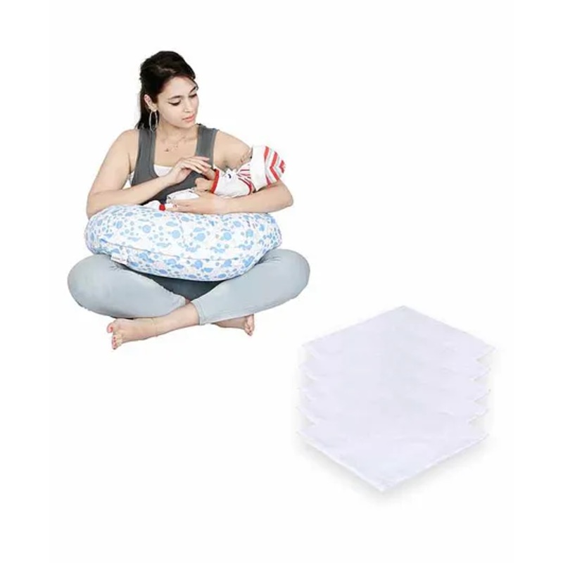 Lulamom Nursing Pillow with Cover Bubbles Print & Muslin Napkin – Blue White