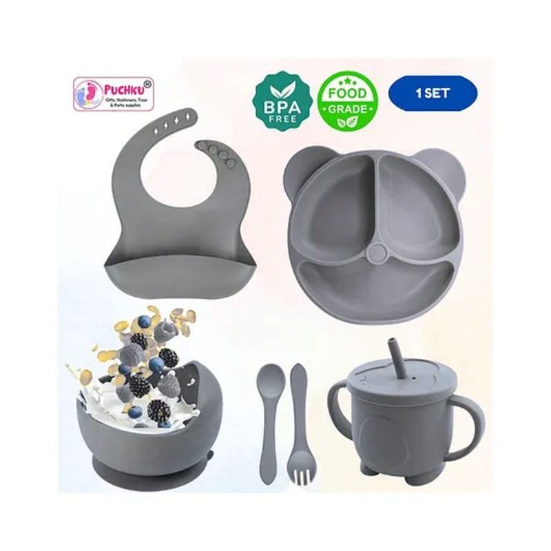 Puchku 6 Pcs Silicone Baby Feeding Set, BPA Free & Microwave Safe Dinner Tableware Kit – Feeding Bowl, Suction Plate, Cup, Spoon, Fork & Bib for Kids ( Pack of 1, Grey)