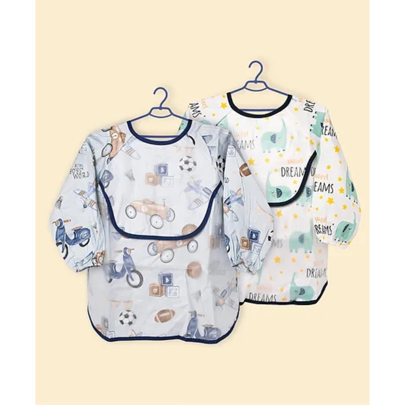 The Little Lookers Baby Bibs with Pocket I Long Sleeved Bib for Toddlers, Kids I Washable, Lightweight & Waterproof, Bibs for 6-24 Months Baby – Print May Very (blue & Green)