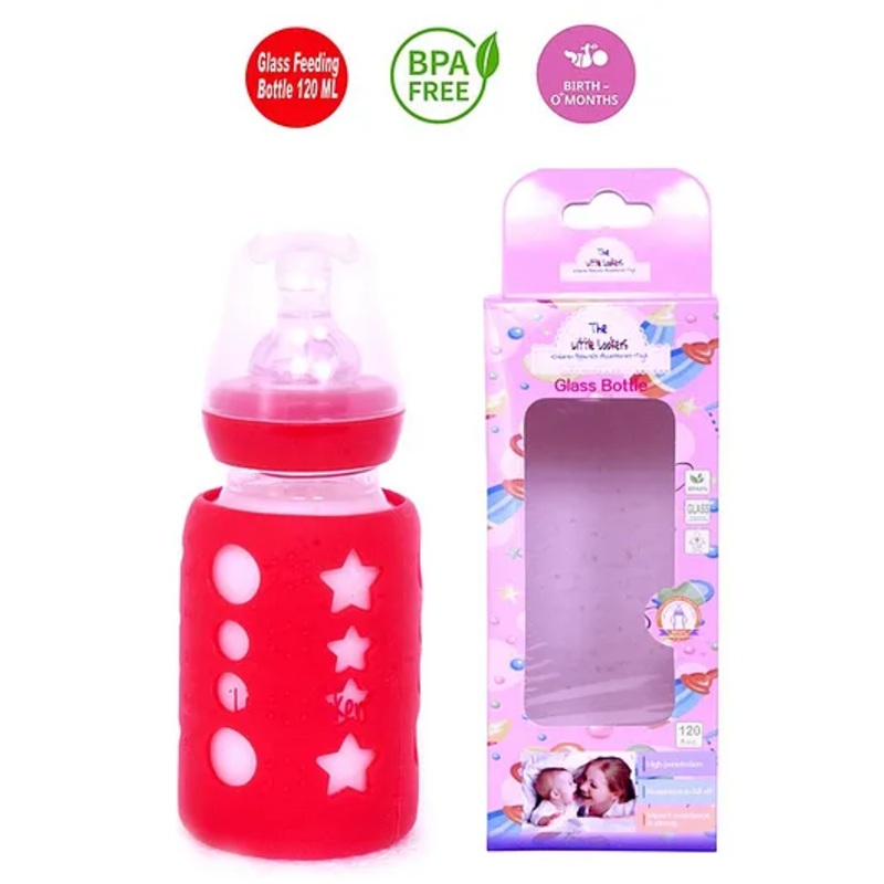 The Little Lookers Glass Feeding Bottle With Silicone Warmer Cover Red – 120 ml