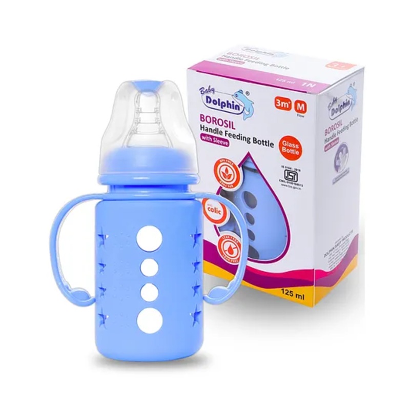 Baby Dolphin Anti-Colic Borosilicate Glass Handle Feeding Bottle with Sleeve, BPA Free, with Detachable Handle- 125ml, Blue
