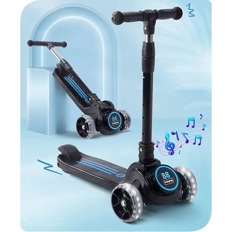 Babyhug 3 Wheel Blue & Black Foldable Kids Scooter With LED Wheels & Music|4 Level Adjustable|Non-Slip Wide Deck| 50 Kg Capacity| Lean to Steer Mechanism| Foot Brake| Easy Fold Design | No Assembly