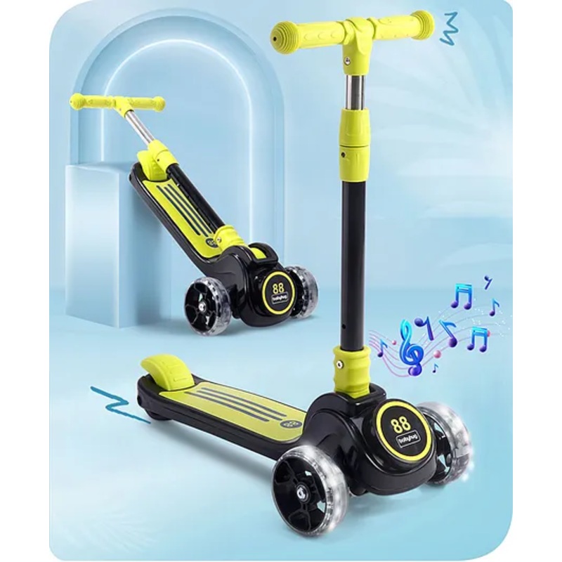 Babyhug 3 Wheel Yellow & Black Foldable Kids Scooter With LED Wheels & Music|4 Level Adjustable|Non-Slip Wide Deck| 50 Kg Capacity| Lean to Steer Mechanism| Foot Brake| Easy Fold Design | No Assembly