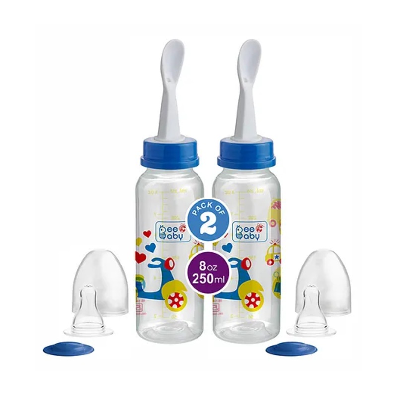 Beebaby 2 in 1 Gentle Slim Neck Baby Feeding Bottle with Nipple & Spoon Feeder Pack of 2 Blue – 250 ml Each