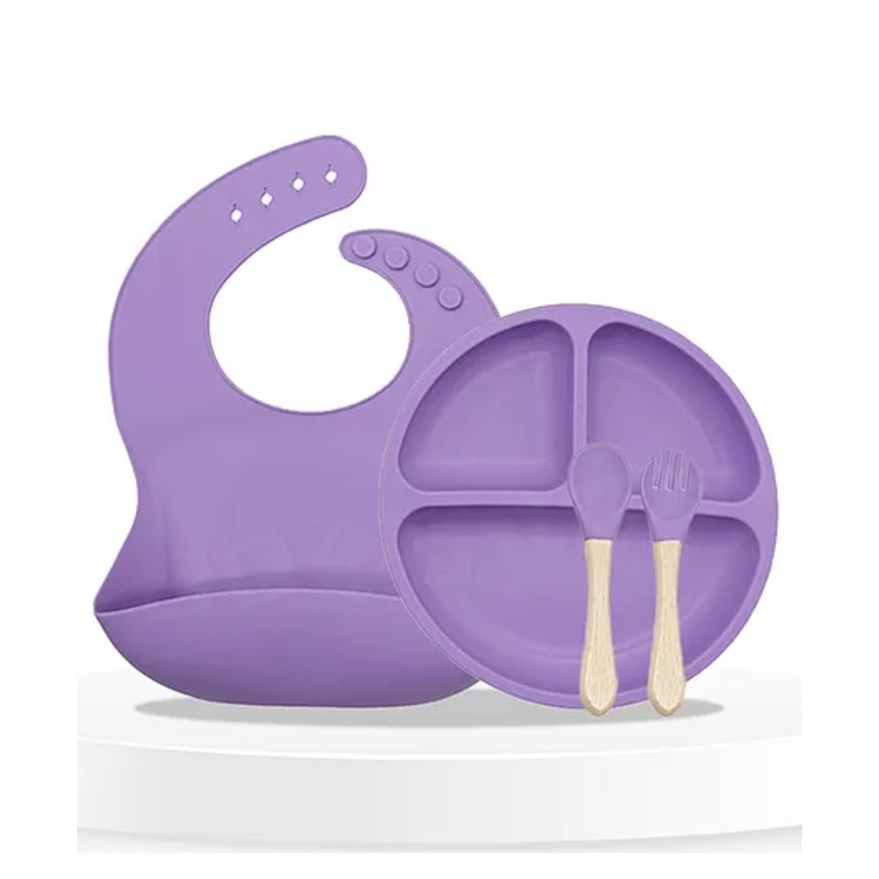 Bembika Baby Dinner Set Silicone Tableware Set With Bib For Baby Infant Pack Of 4  Purple
