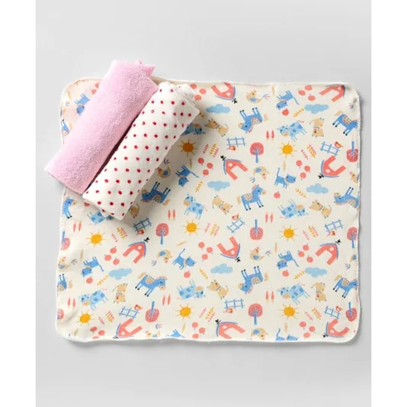 Ben Benny Terry Cotton Knit Super Absorbent Hand & Face Towels with Dotted Design Animal Print & Solid Pack of 3 L 26.5 x B 26 cm – Pink & White