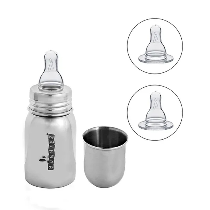 Bunniez Stainless Steel Baby Feeder with Anti-Colic Nipple, bpa-Free – 150 ml with 2 extra Nipples