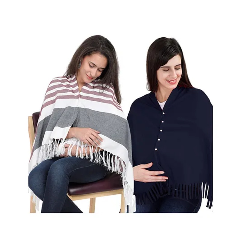 Lulamom Multi-Purpose Breast Feeding Nursing Shawl – Pack of 2 (Maroon stripes & Navy solid)
