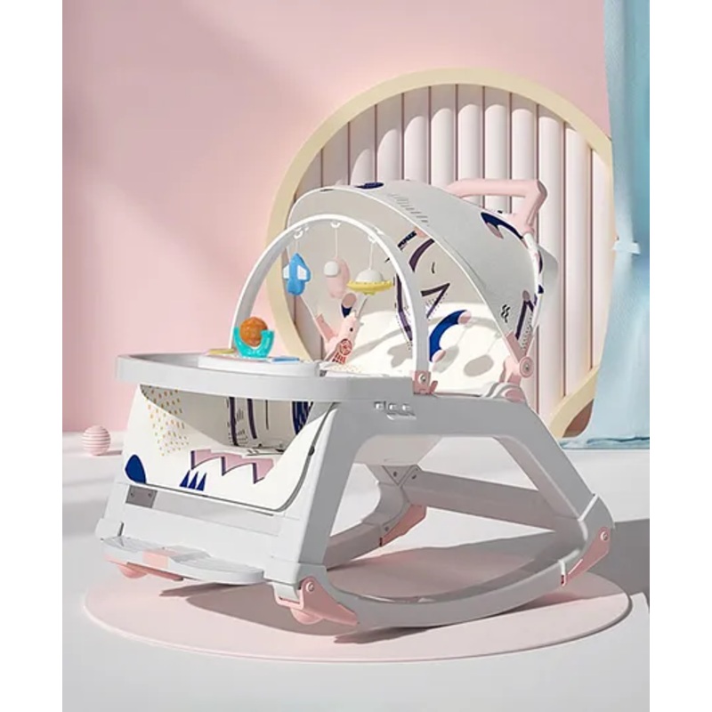 New Born to Toddler 5 in 1 Baby Rocker cum Booster Seat with Multi Position Reclining chair I Removable Meal Tray I Hanging Toys & Music – Pink