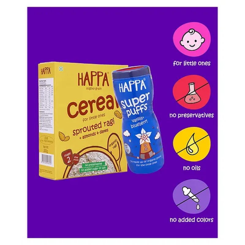 Organic Happa Multigrain Vanilla Blueberry Puffs & Almond Dates Ragi Porridge Mix for Babies 8M+ – 40g & 200g