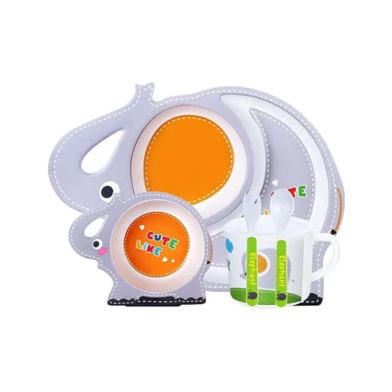 SCHOOLISH ELEPHANT  Design 5 Pieces Set Bamboo Kids Dinnerware Set  Children Dishes  Food Plate Bowl Mug Spoon Fork Set Dishware Cartoon Tableware Dishwasher Safe Kids Healthy Mealtime BPA Free Pack of 1 (Color May Vary)