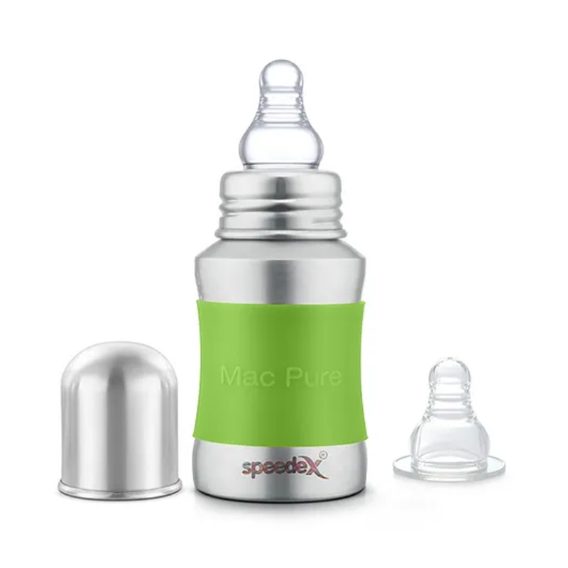 Speedex Stainless Steel Baby Feeding Bottle  150ml | Internal ML Marking | Silicone Grip | 1 Extra Nipple Included