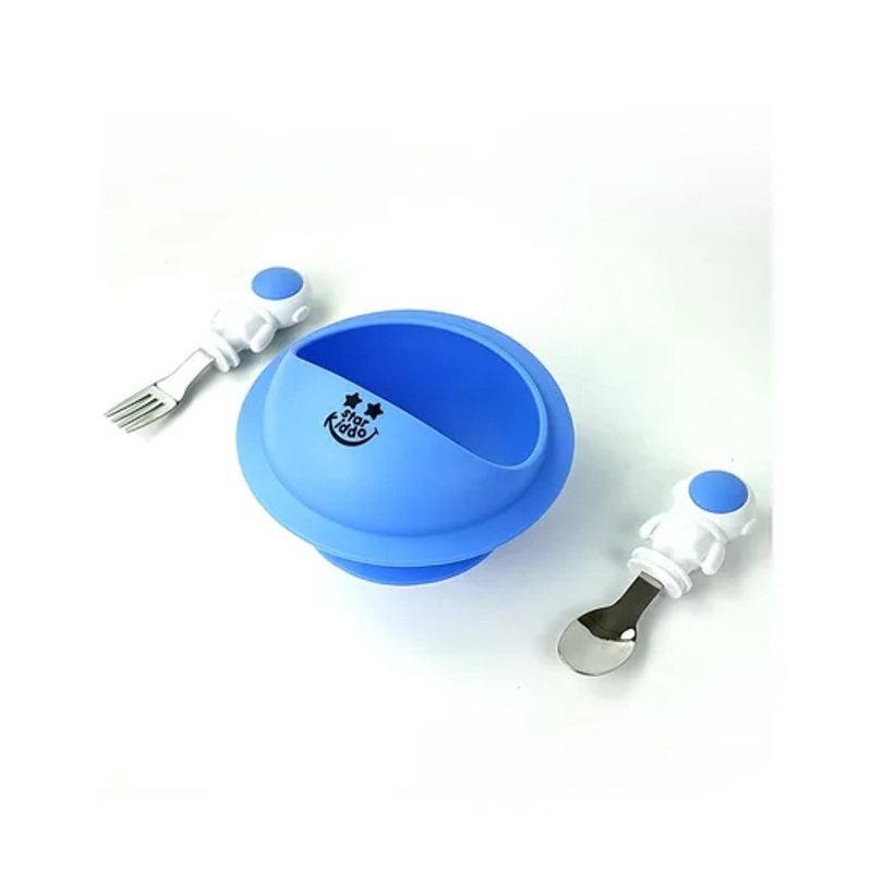 StarKiddo AstroGrip Silicone Bowl Set: Easy-Grip Feeding Spoon and Fork for Babies & Toddlers| Strong Suction| Microwave and Dishwasher Safe (Blue)