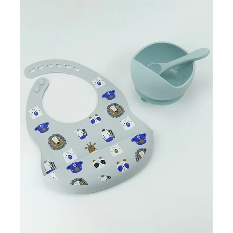 StarKiddo Smart Silicone Suction Bowl & Spoon with Waterproof Bib -Light Cyan