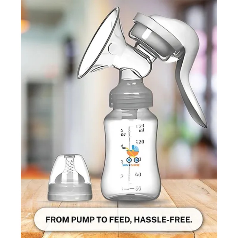 Sun & Shine 3 in 1 Manual Breast Pump for Feeding Mothers | New Mom Essentials | 150 ml | With Nipple, Cap & Milk Storage Bottle| BPA Free And Eco-Friendly | Comfortable & Soft Suction