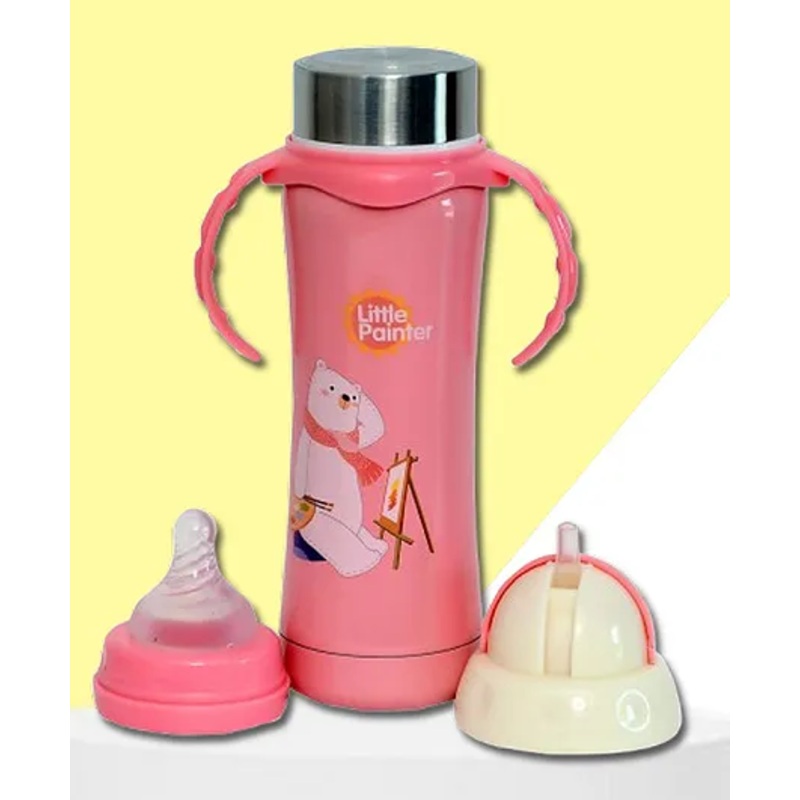 The Cheeky Kidzz Baby Multi-Functional 3 in 1 Printed Stainless Steel Attractive Thermal Baby Straw Nipple Feeding Water Juices Milk Sipper 240 ml Feeder Bottle – Printed Pink