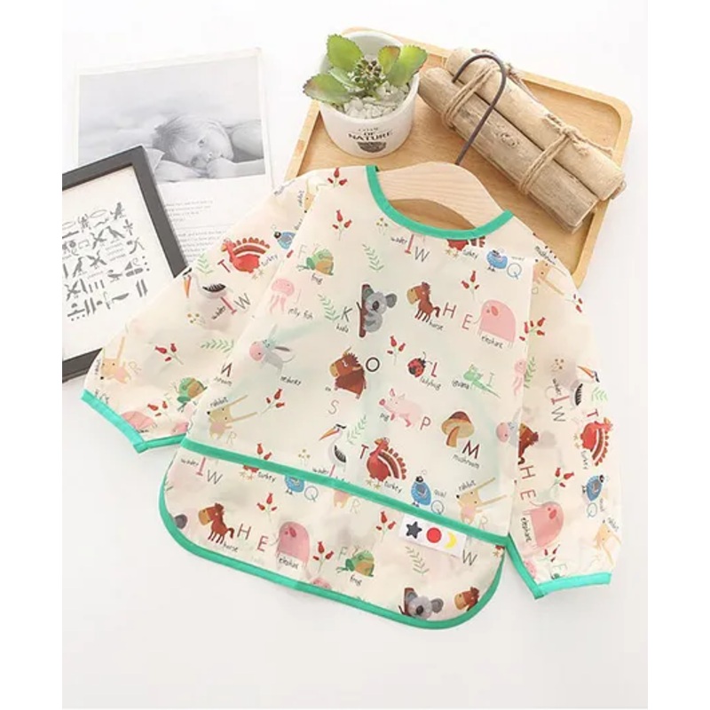 Thread Fairy Full Sleeves Washable Waterproof Baby Feeding Baby Bib Shirt with Pocket – Green-My Alphabets Small