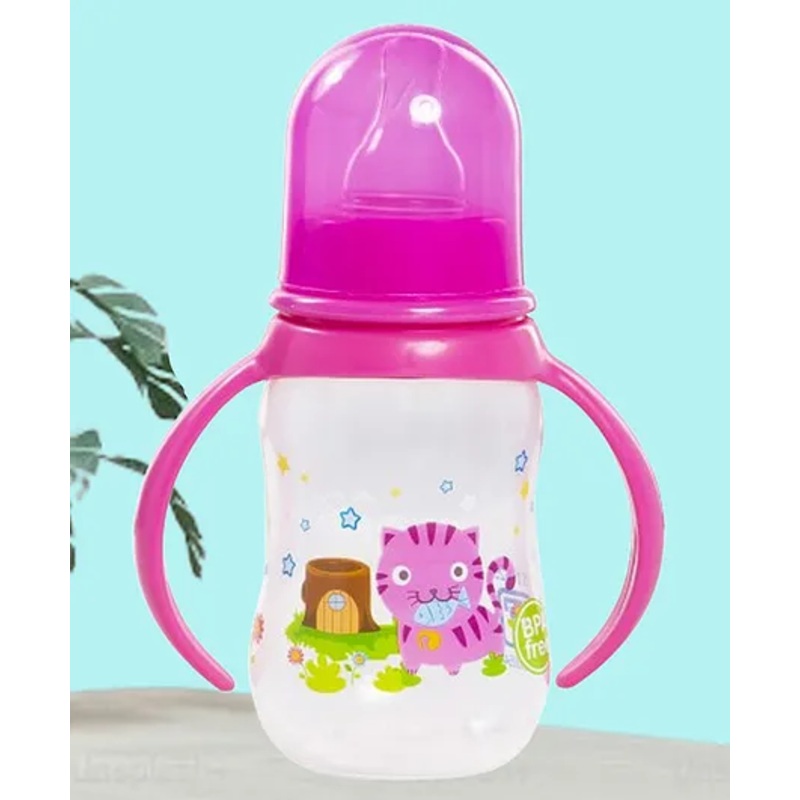 Tinny Tots Baby Feeding Sipper Liquids Milk Polypropylene Slim Neck Bottle With Anti-Colic Silicone Nipple Feeder BPA Free Wth Handles  (125 ml – PINK)