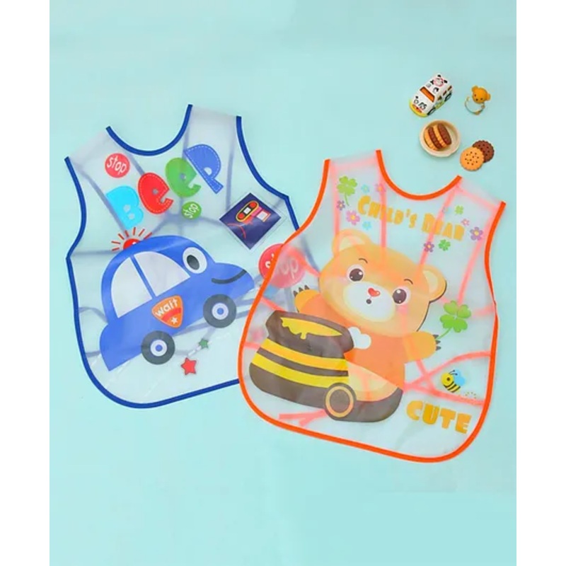Yellow Bee Plastic Car and Teddy Print Bib with Adjustable Closure- Set of 2 for Boys Orange and Blue