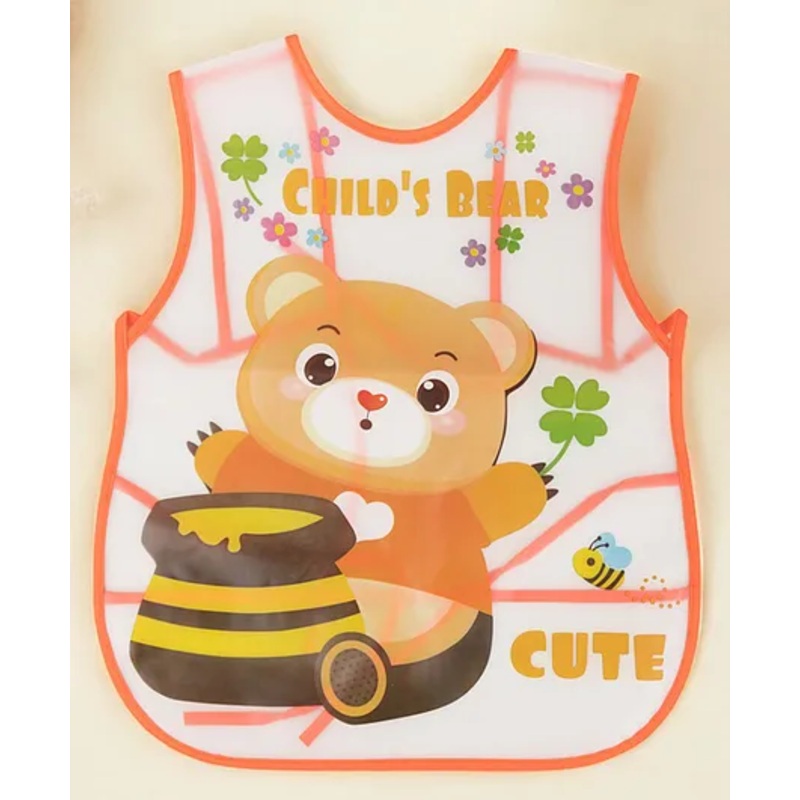 Yellow Bee PVC Adorable Bear and Honey Pot Waterproof Bib with Floral Accents for Girls, Mustard