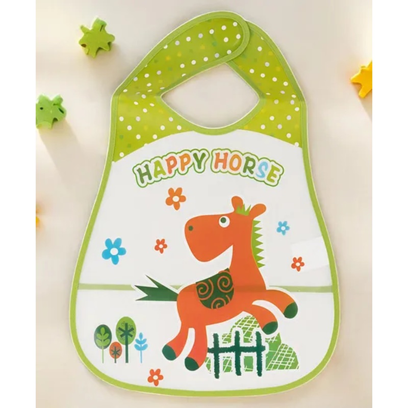 Yellow Bee PVC Happy Horse Waterproof Baby Bib for Boys- Green