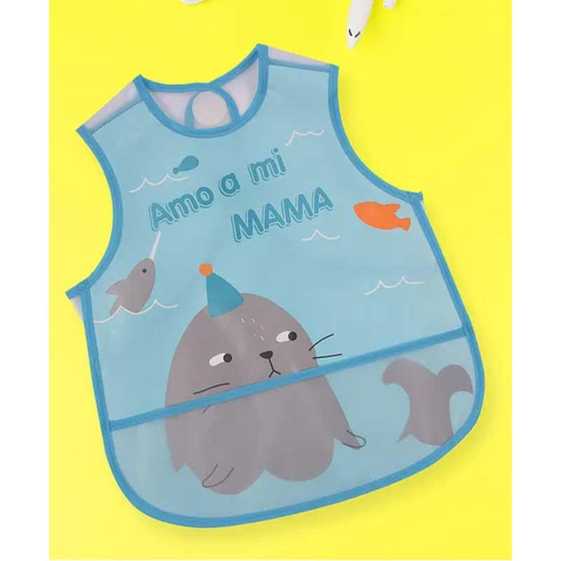 Yellow Bee Seal and Fish Easy Clean Bib With Crumb Catcher – Blue