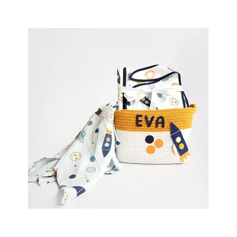 Yellow Doodle Child Of The Universe Organic Cotton Muslin Gift Basket – Blue