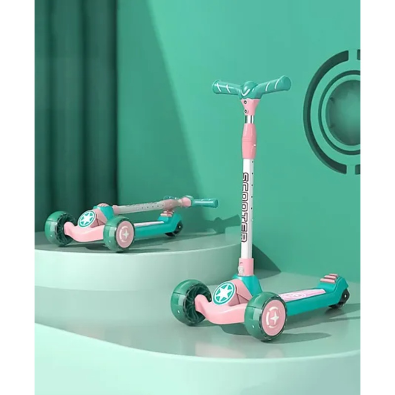 3 Wheel Foldable Kids Scooter with LED Lights and 5 Level Adjustable Handle Bar – Green & Pink| Lean-to-Steer| Toy for 3 to 14 years Boys & Girls| Gifting Option| Physical Activity| 50kg Capacity