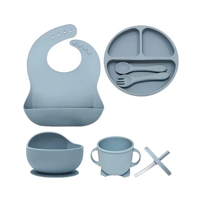 AEREX 6 Pcs Silicone Baby Feeding Sets | Baby Weaning Set | Silicone Suction Plates Solid for Baby & Toddler | Suction Bowl, Cup, Fork, and Spoon Cutlery Set for Babies and Toddlers (Navy Blue)