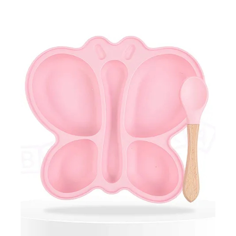 Bembika Baby Feeding Essential Baby Dinner Set Silicone Tableware Set for Baby Infant Training Eating Utensils Butterfly Design – (Pack Of 2)(Baby Pink)