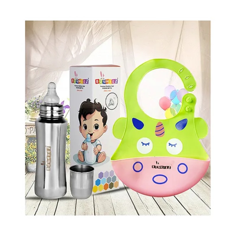 Bunniez Stainless Steel Baby Feeding Bottle -240ml and Silicone Baby Bib – Green Pink – Combo of 2