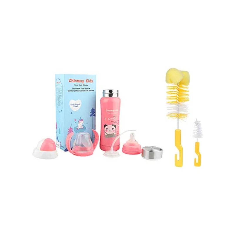 Chinmay Kids Combo of Baby Feeding Multifunctional Stainless Steel Milk Thermosteel Feeder Bottle with Multipurpose Baby Milk Bottle Brush Cleaner  Pink Bottle Yellow Brush – 240ml
