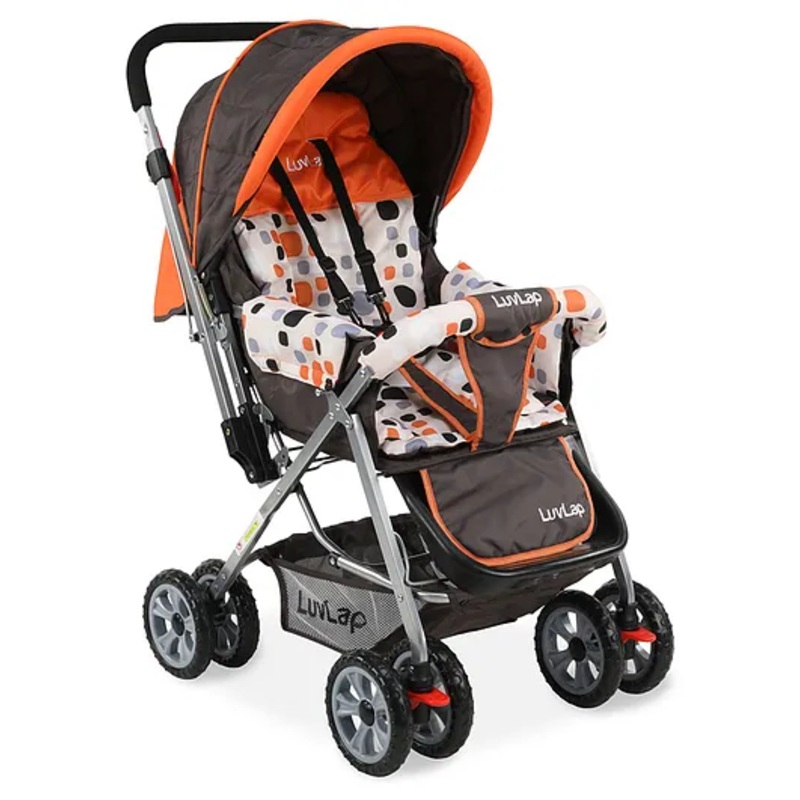 LuvLap Sunshine Baby Stroller for 03 Years with 5-Point Safety Harness, Multi Recline Seat, Smooth Swivel Wheels, Large Storage Basket, Reversible Handlebar, Lightweight and Durable  Orange