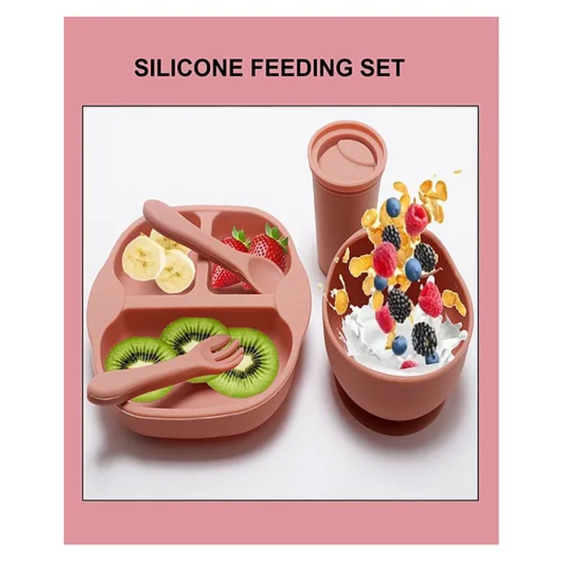 SPARKLE JOY 5 Pcs Silicone Baby Feeding Set, BPA Free & Microwave Safe Dinner Tableware Kit – Feeding Bowl, Suction Plate, Tumbler, Spoon & Fork for Kids, Toddler – Light Pink