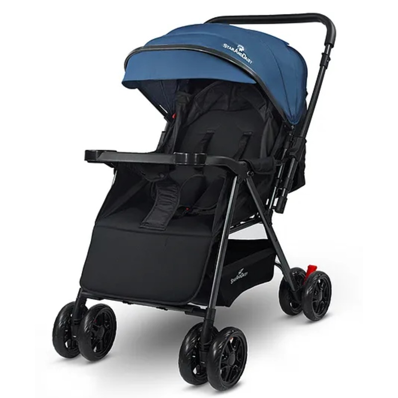 StarAndDaisy Foldable Baby Pram for 0-3 years Travel  Baby Stroller for Newborn to Toddler  360 Swivel Lockable Front Wheels  Adjustable Canopy  5 Point Harness – Blue