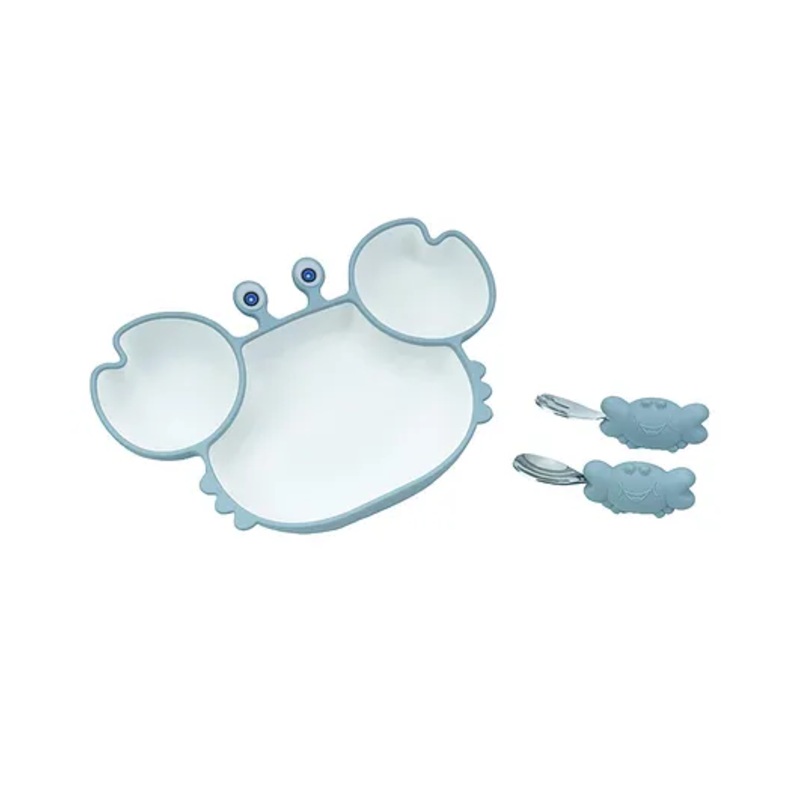 Starkiddo Cute Crab Silicone Suction Plate for Babies & Toddlers | Premium Cartoon Baby Feeding Set | Baby-Led Self Feeding Training Divider Plate with Easy Grip Handle Spoon & Fork (Sky Blue)