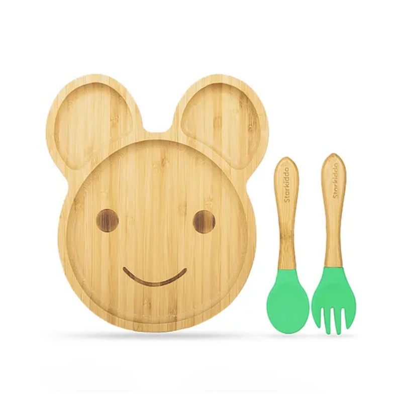 Starkiddo Teddy Bamboo Suction Plate and Learning Weaning Set – Green