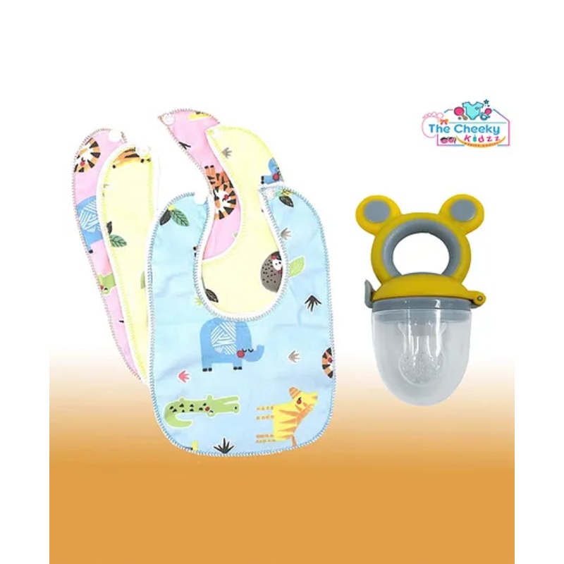 The Cheeky Kidzz Baby Food Feeder Silcone Fruit Vegetable Nibbler Rattle Soother Teether With 3 Cotton Feeding Bibs(YELLOW)