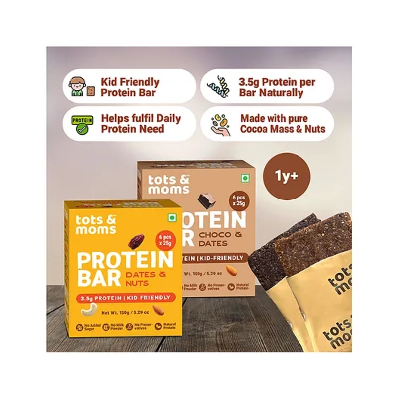 Tots & Moms Nutritious Protein Bars for Kids  Choco flavored Dates & Nuts, Pack of 2 | 3.5g Protein per Bar | Cocoa for Antioxidants & Oats for Fiber | No Refined Sugar or Additives | (25g X 6) 150g – Each