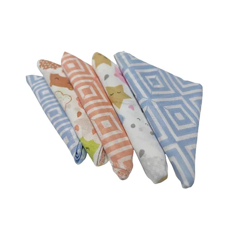 Trance Home Linen Super Soft Cotton Thin Malmal Face Towels Stars & Clouds – Pack of 5 pcs)