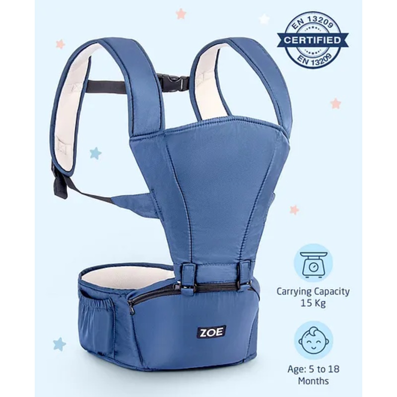 Zoe Snuggle 5-in-1 Baby Carrier with Hip Seat: Versatile front, back & hip carrying, Ergonomic design, Padded straps, Pressure-relieving waist belt, Safety harness, Storage pockets, Supports up to 15 kg- Blue