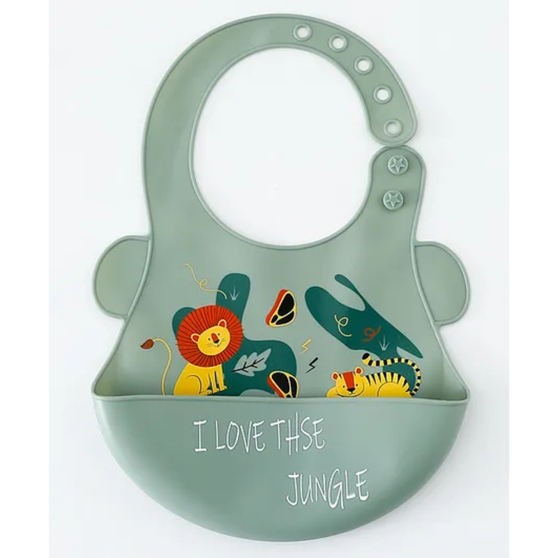 Babyhug Adjustable Silicone Bib for Toddlers – Sage Green Jungle Print| Soft & BPA-Free| 5-Gear Neck Adjustment| Easy to Clean| Crumb Catcher| Roll-able Travel-Friendly