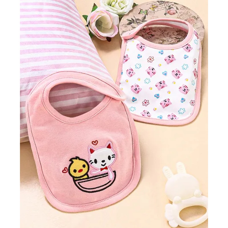 Babyhug Cotton Snap Buttons Closure Bibs Kitty Embroidery & Print Pack of 2 – Peach & White