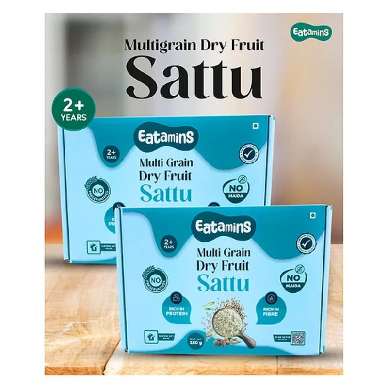 Eatamins Sattu with Multi Grain Dry Fruits for 2 Years & Above | Enriched with Multivitamins, Multi Grains & Multimineral | No Preservatives & No Maida|Pack of 2 – 250 g Each