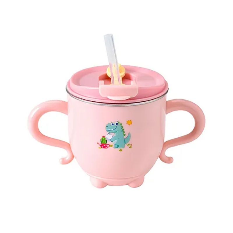 FunBlast Dinosaur Print Stainless Steel Milk Mug with Lid & Straw for Kids  200 ml Pink