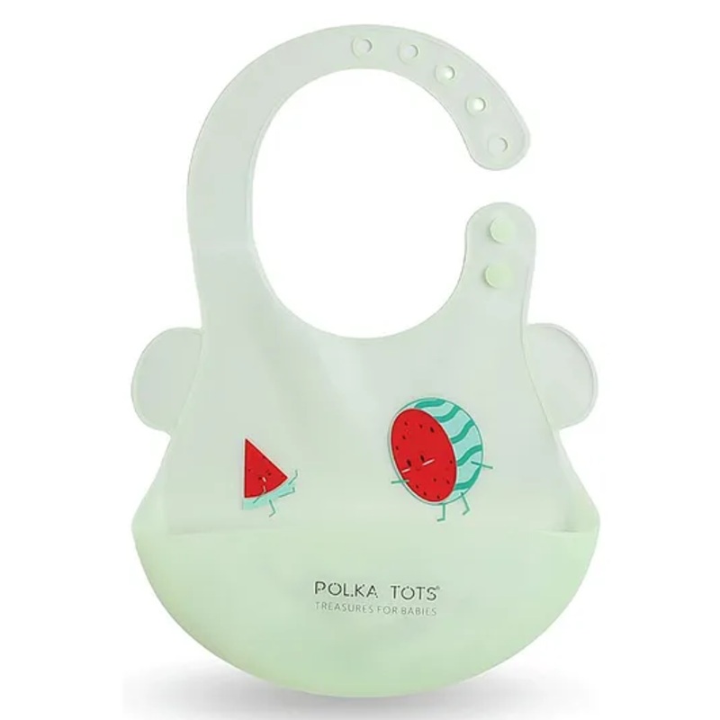 Polka Tots Waterproof Silicone Feeding Bibs With Adjustable Snap Buttons Watermelon Print – Green