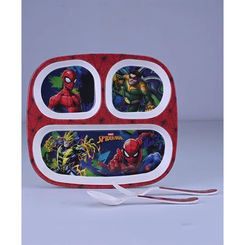 Servewell Rectangular 3 Partition Plate with Spoon and Fork Spiderman Theme –  (Color and design may vary)