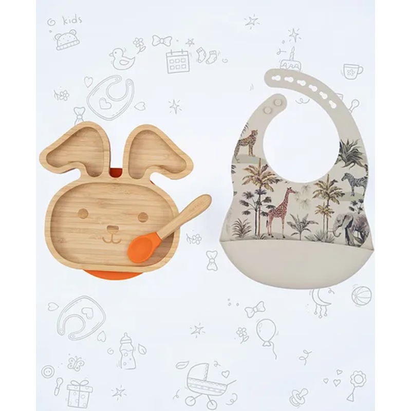 StarKiddo Cute Bunny Bamboo Suction Plates with Weaning Spoon and Cute Adjustable Printed Bib for Baby and Toddler  – Orange-Beige