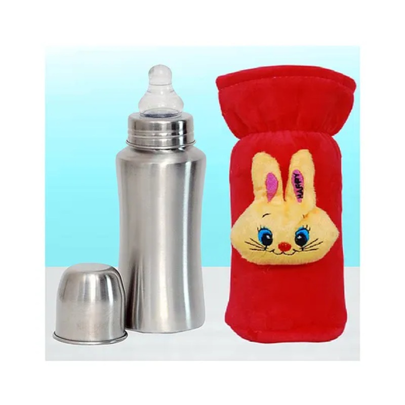 The Cheeky Kidzz Baby Stainless Steel 240ml Thermal Insulation Feeding Milk Liquids Feeder Bottle With Anti Colic Silicone Nipple BPA Free And Strechable New Born Bottle Cover(Red)